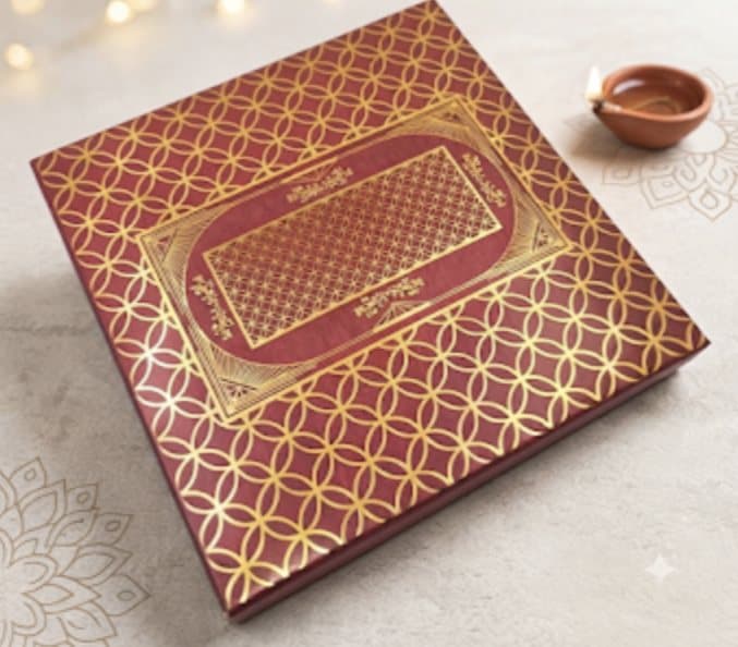Maroon Diwali box with gold lattice foil