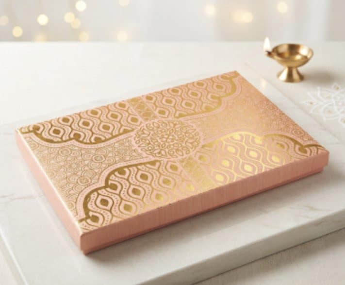 Blush pink box with gold ogee pattern